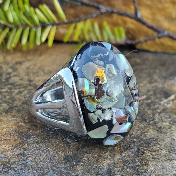 Silver natural crushed abalone ring size 7.5 - Picture 6 of 9